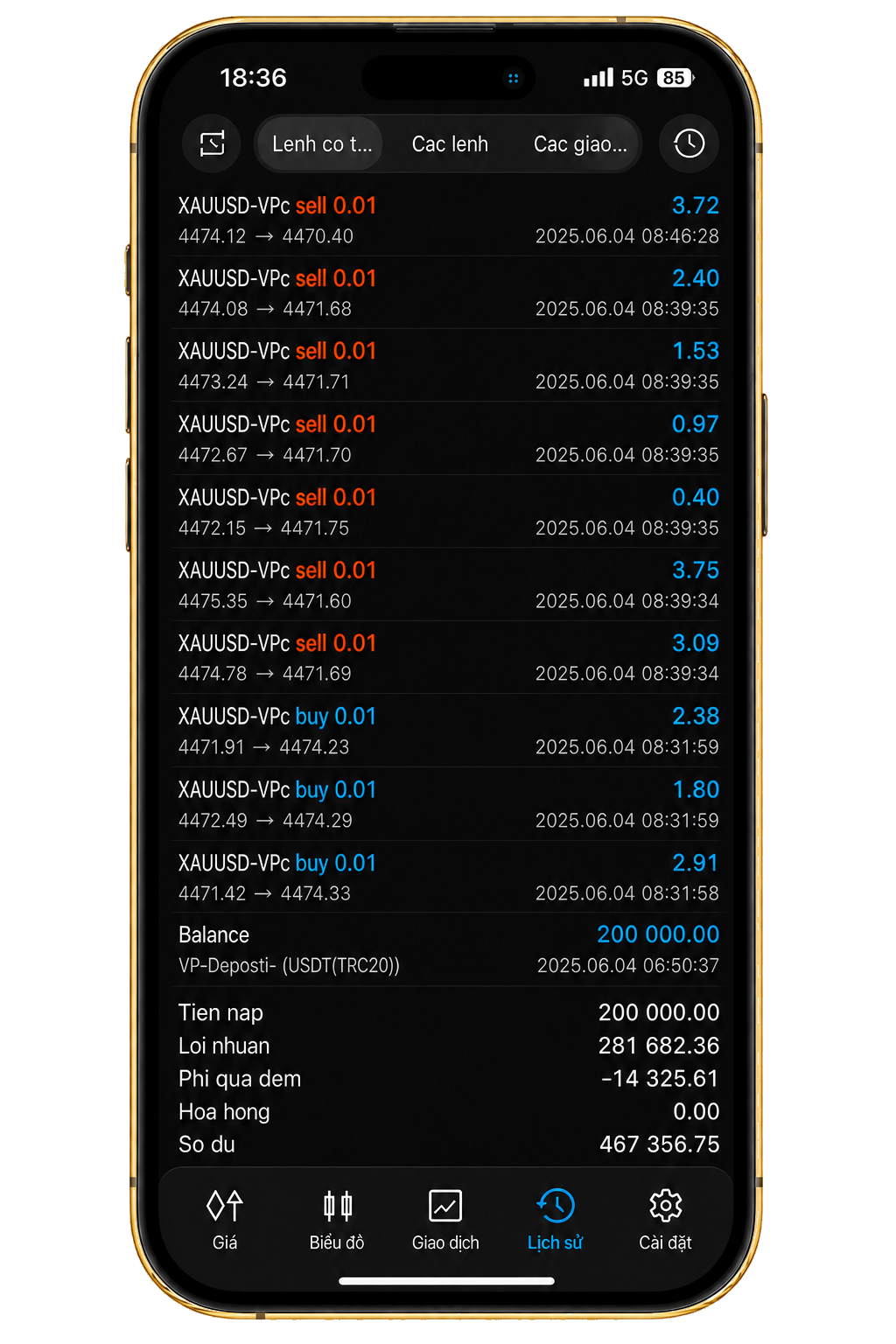 Live MT5 trading history displayed on a mobile phone